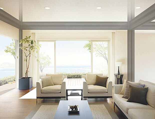 【【大開口・大空間】】トヨタホームの鉄骨ラーメン構造なら強度を保つための「筋交い」「耐力壁」が必要なく広々とした大開口・空間が実現。耐震性はそのままに、広さと明るさを実感でき景色を満喫していただけます。