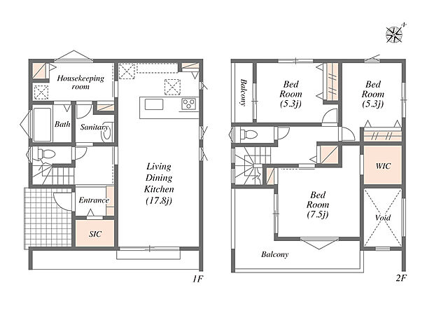 【3LDK】☆大型ランドリー＆家事室・回遊動線がお勧めの１棟☆
LDK17.8帖＋吹き抜け3帖＋ホール階段＋SIC1.5帖＋WIC2帖