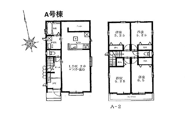 １F　LDK２０帖　パントリー含む
２F　洋室５．２５帖、５．２５帖、６．２５帖、６．５帖