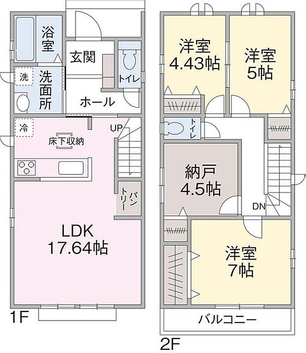 １F　LDK１７．６４帖　
２F　洋室４．４３帖、５帖、７帖、納戸４．５帖