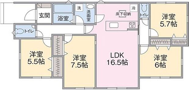 １F　LDK１６．５帖
洋室５．５帖、５．７帖、６帖、７．５帖