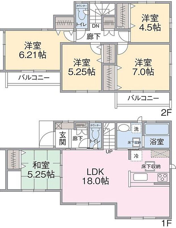 【5LDK】1F LDK18帖、和室5.25帖
2F 洋室4.5帖、5.25帖、6.21帖、7帖