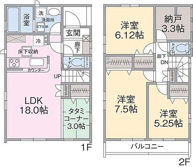 【3LDK+S】1F LDK18帖(タタミコーナー・PS含)
2F 洋室5.25帖、6.12帖、7.5帖、納戸