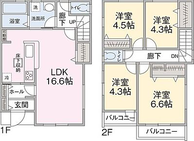 １F　LDK１６.６帖
２F　洋室４．３帖、４．３帖、４．３帖、６．６帖 