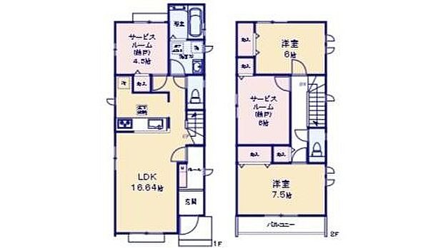 【2LDK＋2S】１F　LDK１６．６４帖　サービスルーム４．５帖
２F　洋室６帖、７．５帖　サービスルーム６帖