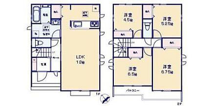 １F　LDK１８帖
２F　洋室４．５帖、５．２５帖、６．５帖、６．７５帖 