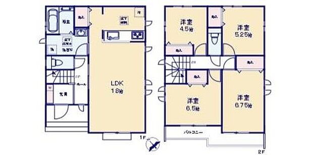 【4LDK】１F　LDK１８帖
２F　洋室４．５帖、５．２５帖、６．５帖、６．７５帖