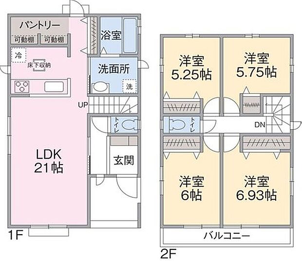 【4LDK】１F　LDK２１帖
２F　洋室５．２５帖、５．７５帖、６帖、６．９３帖  