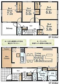 １F　LDK１８帖
２F　洋室５帖、５帖、６.８帖、７帖  
 