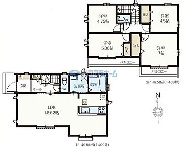 １F　LDK１８．６２帖
２F　洋室４．５帖、４．７５帖、５．０６帖、７帖 