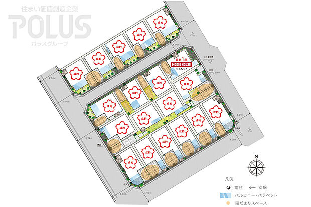 【心地よい開放感と明るさを享受できる全19邸の街】
確かな存在感を伝える全19邸というスケール。2台カースペースが広がりを創出しながら陽だまりスペースとなることで、採光性も高めています。