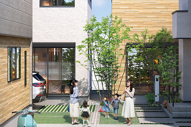 【【緑化スペース】】カースペースの一部を緑化ブロックにすることで、緑豊かな街並みを演出。駐車していない時には庭のように使えるスペースとなります。