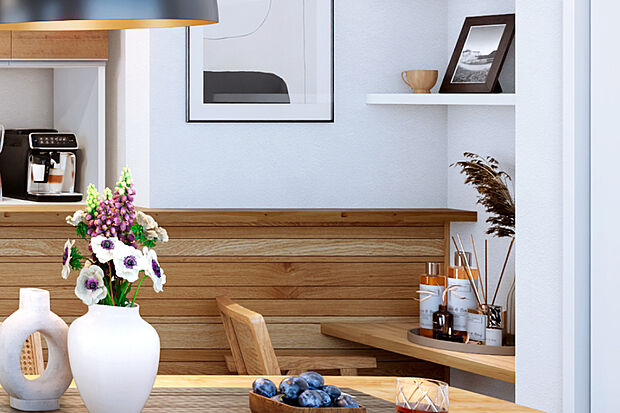 【【カウンタースペース】】ちょっとしたPC作業や縫い物、お子様の宿題をするスペースなど、マルチに活用できるカウンターをダイニング部分に設置しました。※号棟により採用状況が異なります。