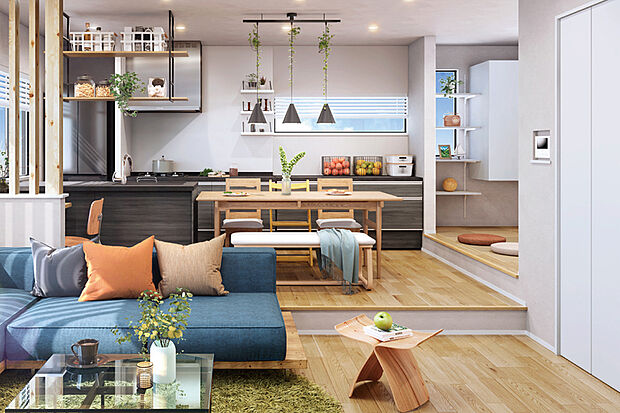 【【ピットリビング】】家族の居場所となるリビングは段差をつけて低い位置に設けました。空間を下げることで隠れ家のような雰囲気を醸し出し、憩いや団らんを深めます。※号棟により採用状況が異なります。