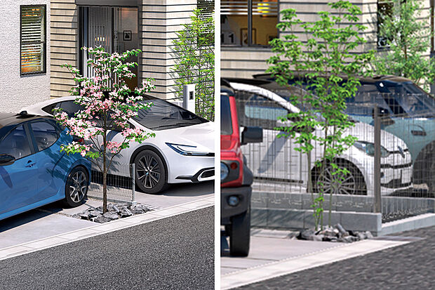 【【ロックガーデン&コンクリートブロック】】天然石のランダムな色彩とコンクリートブロックのシャープさが魅力のアクセントを街の中に採用。植栽や外観デザインと調和しながら、洗練された街の風景を創りあげます。