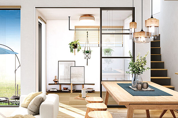 【【フラットスペース】】家族の集うリビングとフラットにつながり、広々と憩えるフラットスペースを採用。魅力の異なる3つのスタイルが、暮らしに豊かな彩りを添えます。※号棟により採用状況が異なります。