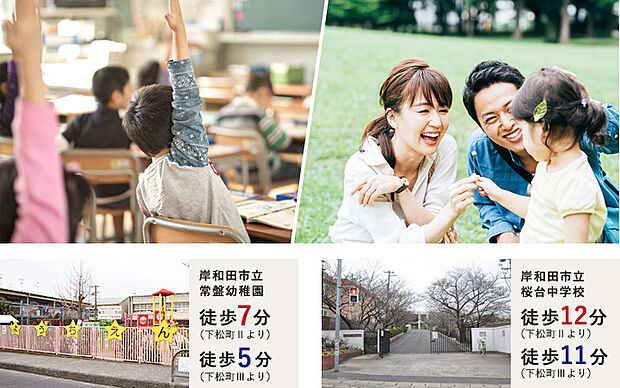 岸和田市立常盤小学校が徒歩5分!お子様を安心して通学させることができ、子育てファミリーに人気のエリアです。保育園も徒歩10分圏内にあり、両親ともに忙しいご家庭も安心です。