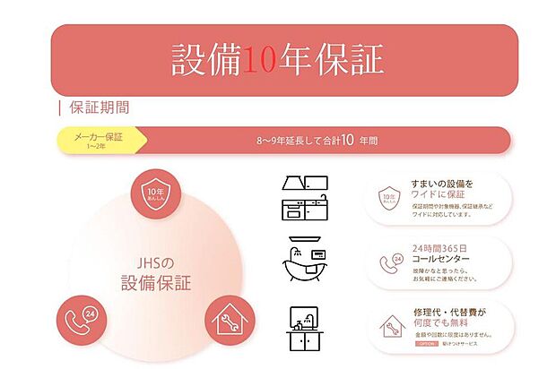 【【設備10年保証】】メーカー保証終了後も、キッチンやトイレなどの住宅設備機器に保証対象となる故障や不具合が発生した場合、物件引き渡しから10年間無料でメーカー保証と同等の修理サービスを受けることが可能。