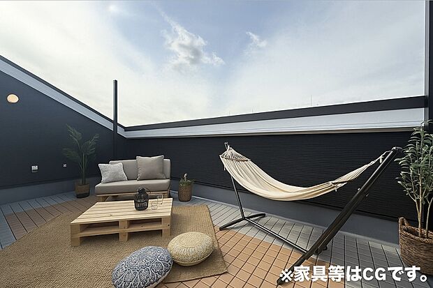 【売主につき仲介手数料不要】スカイテラスは、憧れのグランピング利用など家族と過ごすもうひとつの屋上リビングになります。ペットと遊んだり、天体観測をしたり、自由研究をしたり、使い方は様々☆