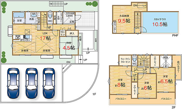 【４LDK】2階建て４LDK、スカイテラス＆屋根裏大収納庫、ウォークインクローゼット、収納多数。駐車台数３台可能。角地。