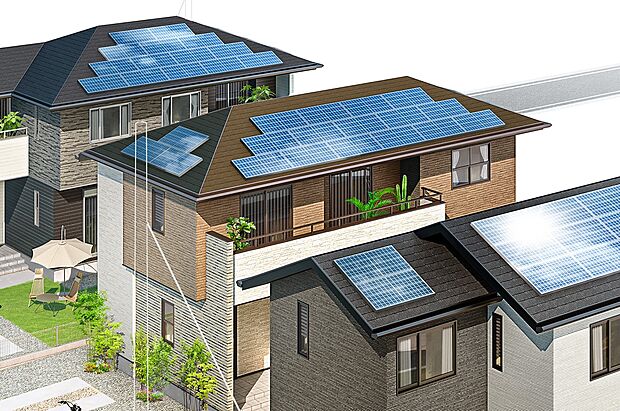 【太陽光パネル】4.8kW以上の太陽光パネルを搭載した未来基準の住まい。太陽光発電による自家発電によって、光熱費を削減。（街並完成予想図）