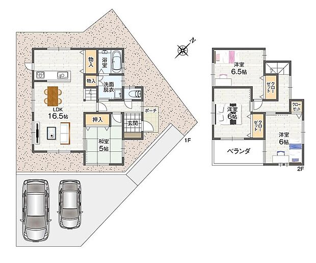 建物プラン例(C-1号地)
4LDK、土地面積143.66m2、建物面積92.32m2
南東向きで明るいLDKは約16.5帖♪ほっこりと寛げる和室を隣に配置し、小さなお子様と過ごしやすい間取りです。