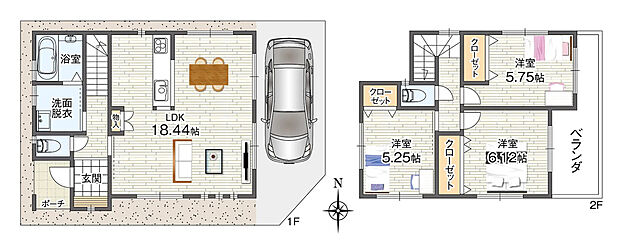【建物プラン例】
 LDKには扉付きの物入付き。2階の全洋室にもそれぞれ収納があり、随所でお荷物が管理できます。