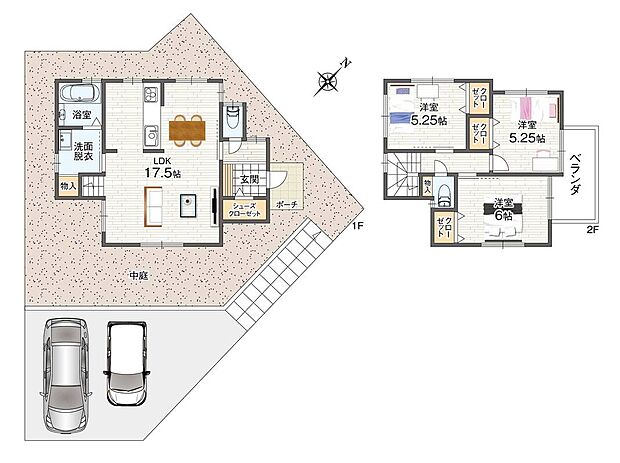 【【建物プラン例】C-1号地PLAN(3)】3LDK、土地面積143.66m2、建物価格1790万円、建物面積80.18m2
LDKは約17.5帖の広さ。2階には洋室が3部屋あり、SIC付きで収納も充実♪