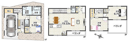 建物価格2320万円、建物面積89.83m2 LDKは19帖以上のゆとりある空間。ご家族でゆったりと寛げる2階リビング仕様です。全居室に収納付きで住空間を有効活用できます。2・3階にベランダがあり、光と風を取り込みます。 
