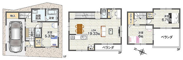 建物価格2150万円、建物面積89.83m2 LDKは19帖以上のゆとりある空間。ご家族でゆったりと寛げる2階リビング仕様です。全居室に収納付きで住空間を有効活用できます。2・3階にベランダがあり、光と風を取り込みます。