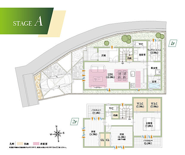 【【A号地参考プラン】】２つに分かれたW.I.Cはご夫婦それぞれで使えるのでオススメ！そのほかランドリールームやや２つのバルコニーなど、お家時間が充実するプランです。
建物面積:102.68m2