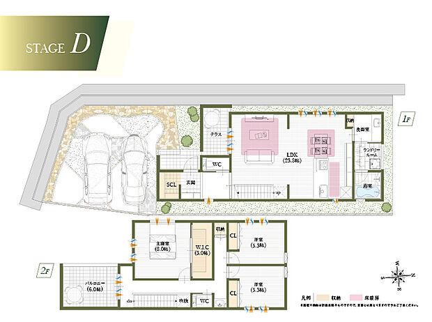 【【D号地参考プラン】】壁で仕切られたプライベートテラスでは、人目を気にせずブランチやお子様の外遊びが出来ます。その他豊富な収納スペースなど見所たくさんのプラン。
建物面積:115.92m2