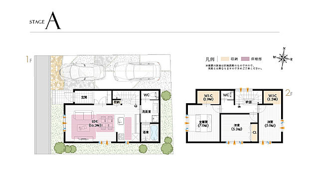 【【A号地参考プラン】】主寝室と居室にW.I.Cを設けているので収納にも困らないお家に。リビングに大きな窓を設けているので、採光もバッチリ◎
建物面積:88.18m2
