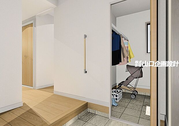 【完成予想図　玄関・SIC】広々とした玄関、可動棚・ハンガーパイプ付のSICはベビーカーやゴルフバックなどの収納にも便利です。　※図面を基に描いたもので実際とは異なります。家具・調度品等は含みません。