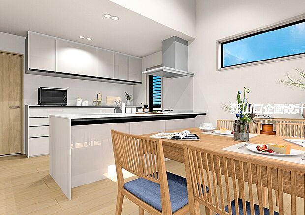 【完成予想図　ダイニング・キッチン】ペニンシュラ型キッチンを採用。お部屋に一体感があり、会話も弾みます。　※図面を基に描いたもので実際とは異なります。家具・調度品等は含みません。