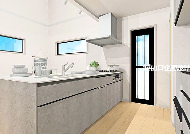 【完成予想図 キッチンスペース】落ち着いたカラーでまとめたキッチンスペース。ペニンシュラ型キッチンがお部屋の一体感を演出しています。 ※図面を基に描いたもので実際とは異なります。家具などの調度品は含みません。