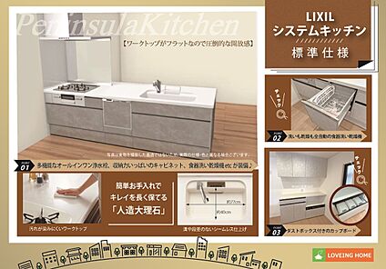 建物標準仕様　高機能で便利なシステムキッチン(食洗器付)