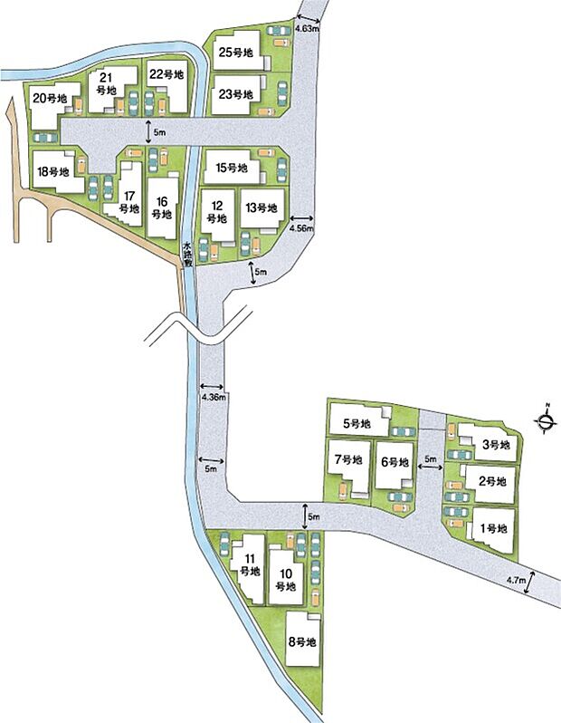 【全体区画図】
車などの通り抜けが少ない街区設計で、子育て世帯も暮らしやすい街並み。自由設計対応で、各区画の敷地形状、ご家族のご希望に沿った間取りプランをご提案いたします◎