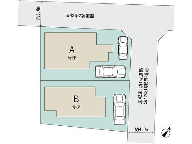 【全体区画図】
車通りの少ない前面道路 小さなお子様がいても安心です。カースペースは嬉しいコンクリート仕上げなので、雨の日も足元を気にせず外出できます♪