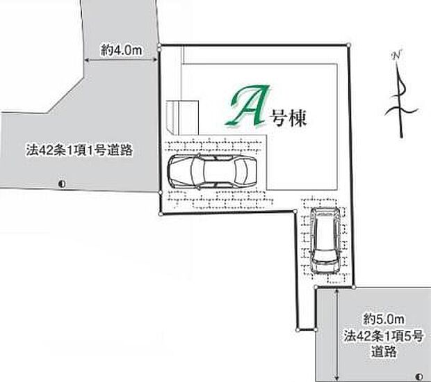 【区画図】
穏やかな時が流れる落ち着いた住環境の低層住宅地。前道が4～5ｍあるので、車庫入れが苦手な方でも安心して入れられます♪