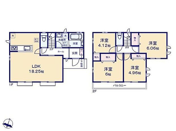 【4LDK】◇広々18帖のLDK♪対面式キッチンで親子の会話も弾みます♪◇洋室を2階に集約し、プライバシーにも配慮した間取りプラン♪◇全居室収納完備でお部屋がスッキリ片付きます♪