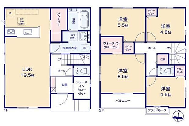 【4LDK】☆2階に4部屋の間りはご家族それぞれのプライベート空間を保てます♪☆SICやWICなど収納充実で、お部屋がすっきり片付きます♪☆まとめ買いしてもこの収納量なら心配いらずの、パントリーと床下収納。