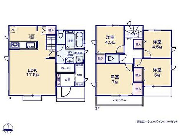 【4LDK】17.5帖の広いリビングは家族のだんらんはもちろん、お子様のリビング学習にもぴったり。
家族のコミュニケーションを重視した対面式キッチン・リビングイン階段プランです。