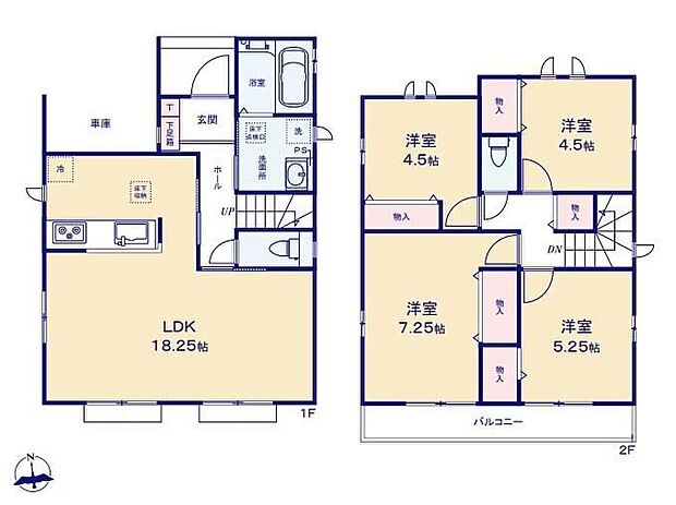 【4LDK】◇18帖超えの広々LDK!家具を配置しても空間にゆとりが生まれます♪◇季節物や掃除用具もスッキリ片付く2階のホール収納♪◇生活リズムに自然とメリハリが生まれる2階にお部屋をまとめたプラン♪