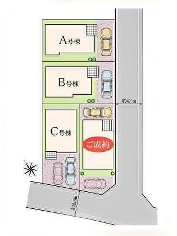 【全体区画図】陽当りの良い道路に面したお住まい。道路幅も広めで、開放感たっぷり♪お車の駐車も楽々ですね♪