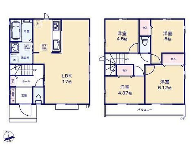 【4LDK】◇光が降り注ぐ３面採光のLDK☆◇洋室を2階に集約し、プライバシーにも配慮した間取りプラン♪◇家事導線がスムーズになる水回り集中設計♪