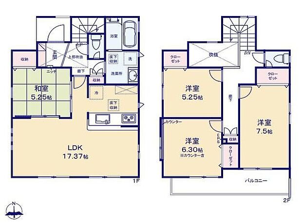【4LDK】◇和の憩いをもたらすリビング直結の和室完備♪◇玄関上部に明るさと開放感を感じていただける吹き抜け付き♪◇全居室収納完備でお部屋がスッキリ片付きます♪