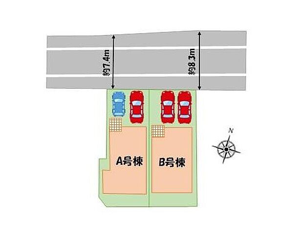 【【全体区画図】】カースペースが2台分ございますので、家族分の自転車を駐輪したり、急な来客用の駐車スペースとしてもお使いいただけます。(※A号棟…車種による)