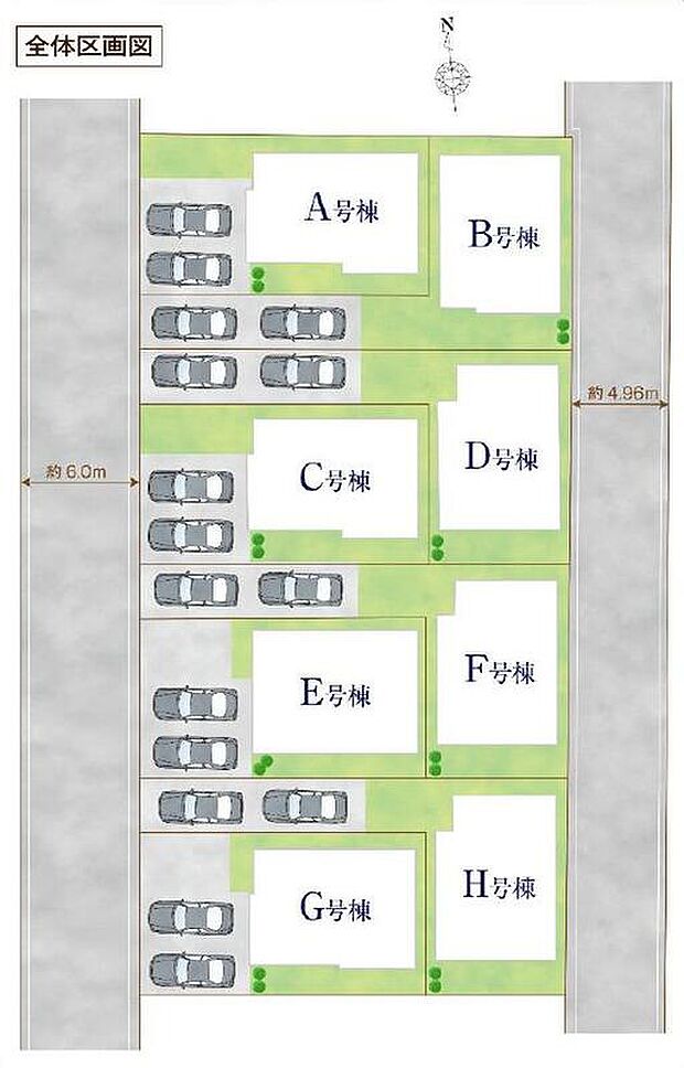 【全体区画図】カースペースは車種により2台分駐車可能!