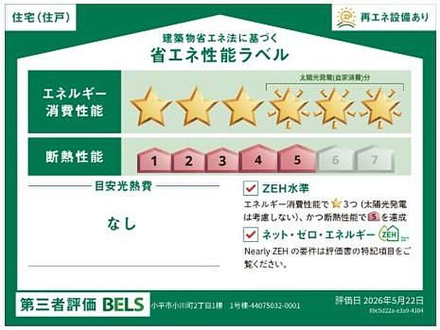 【省エネ性能ラベル】こちらの物件はZEH水準を満たした、省エネ性能に優れた物件です。　光熱費を抑えて暮らすことができるだけでなく、「熱の入りにくさ・逃げにくさ」という観点でも影響を受けにくい建物のため、長く快適にお過ごしいただけます♪